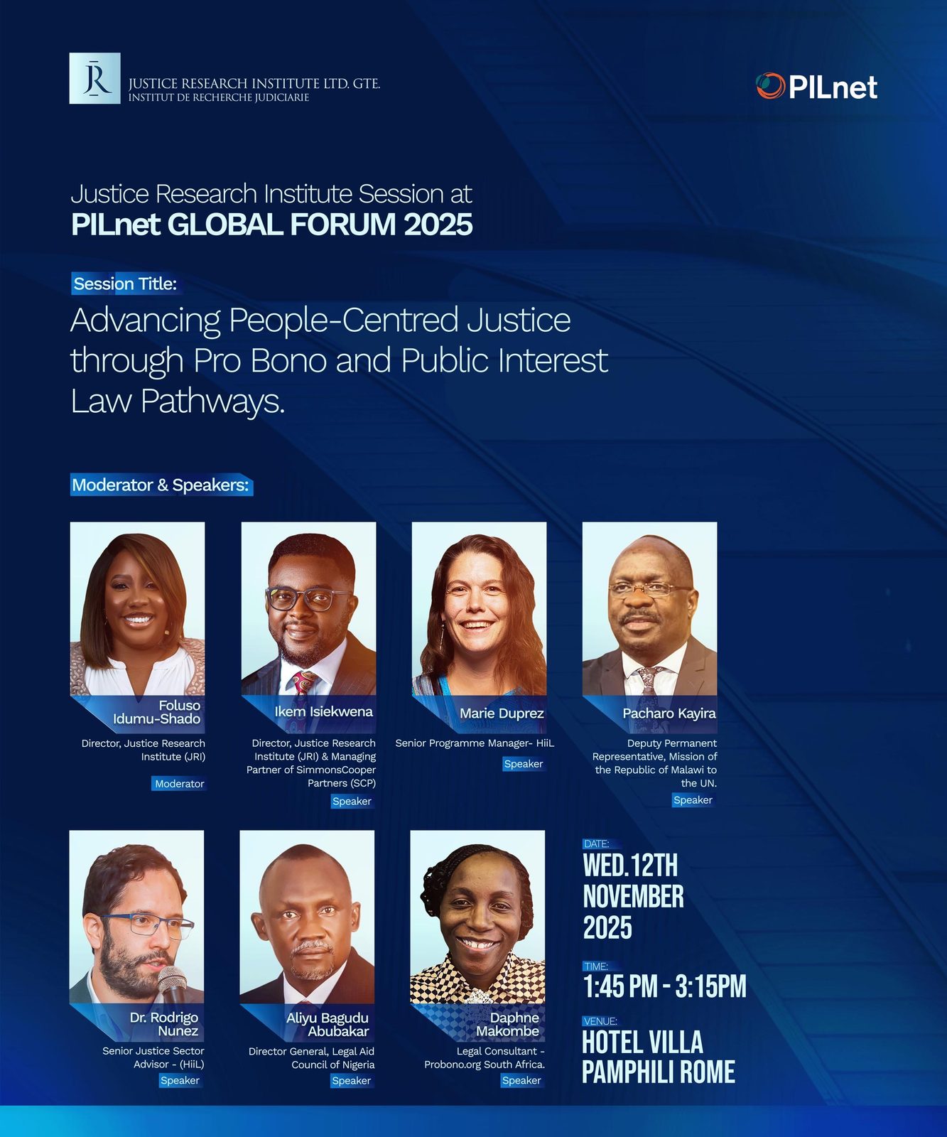 Speaker line-up graphic for the JRI session at the PILnet Global Forum 2025